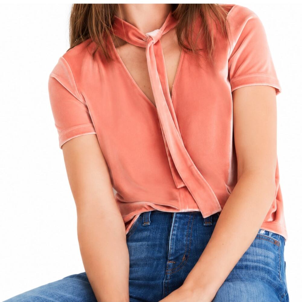 Madewell Pink Velvet Tie Neck V Neck Short Sleeve Top Velour XXS Soft